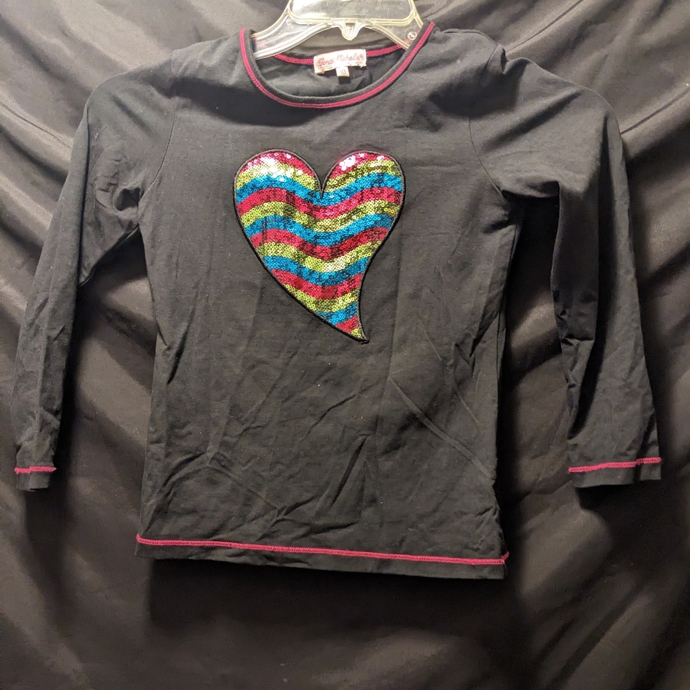 Fona Michelle Girls Black and Sparkles Heart Long Sleeve T Shirt- 10